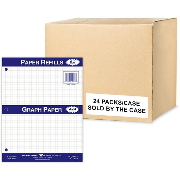 Roaring Spring 4x4 Graph Ruled Loose Leaf Filler Paper, 3 Hole Punched, 1 Case (24 Packs), 11" x 8.5" 80 Sheets, White Paper