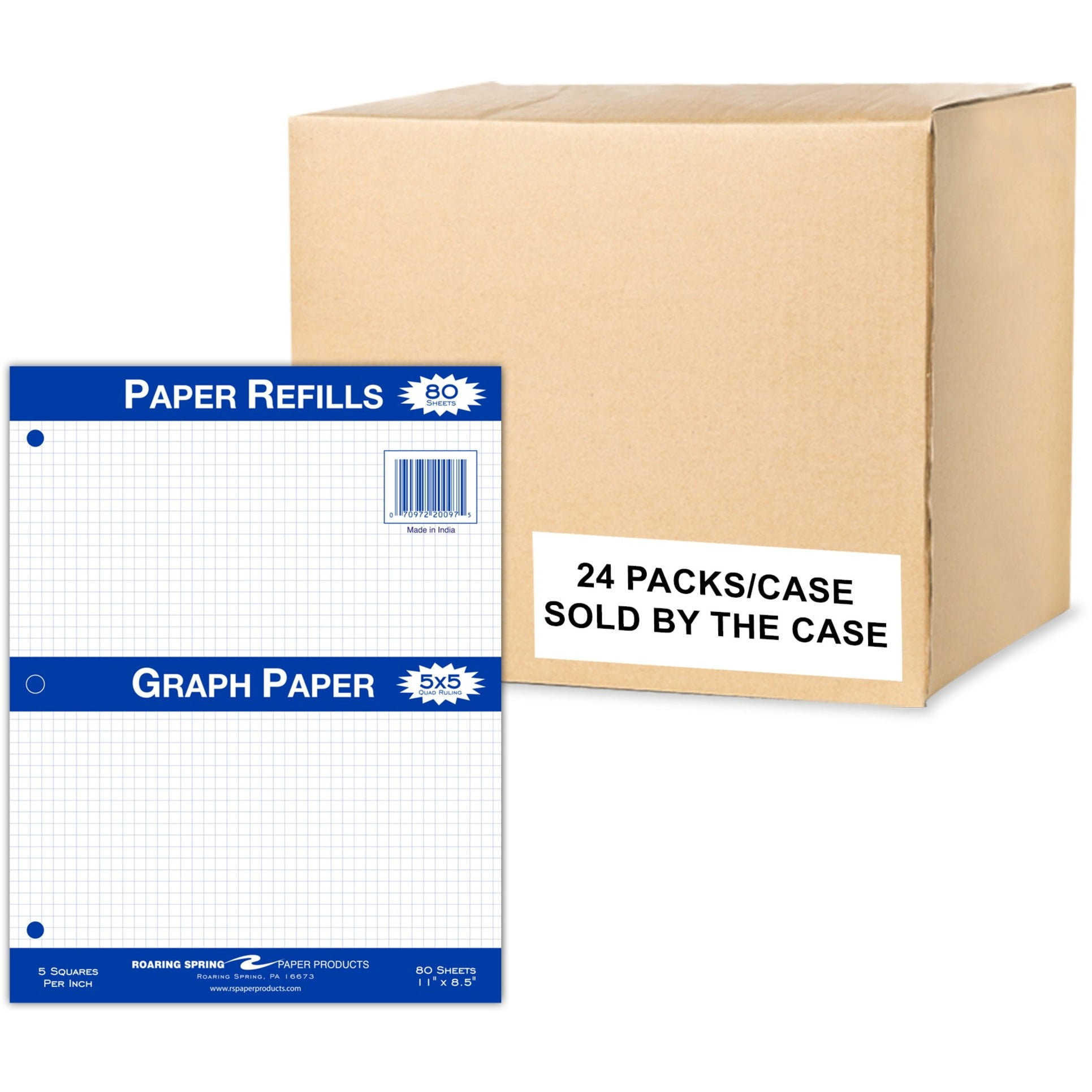 Roaring Spring 5x5 Graph Ruled Loose Leaf Filler Paper, 3 Hole Punched, 1 Case (24 Packs), 11" x 8.5" 80 Sheets, White Paper