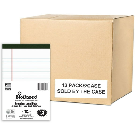 Roaring Spring BioBased Case of USDA Certified Bio-Preferred Junior Size Legal Pads, Twelve 12 Packs, 5" x 8" 40 Sheets, White