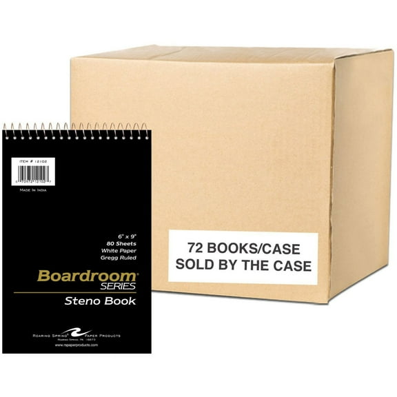 Roaring Spring Boardroom Series Gregg Ruled Spiral Steno Memo Book, 1 Case (72 Total), 6" x 9" 80 Sheets, White Paper