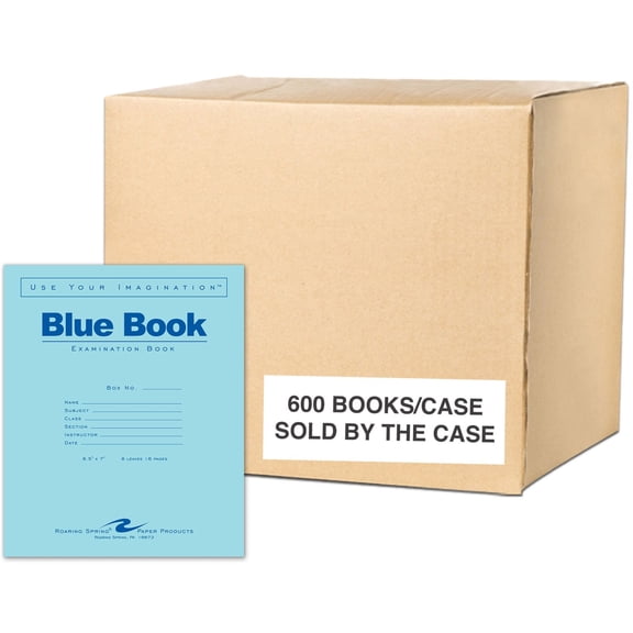 Roaring Spring Case of 600 Exam Books, 8.5"x7" , 8 sheets/16 pages of 15# Smooth White Paper, Wide Ruled W/ Margin, Heavy Blue Cover, Stapled