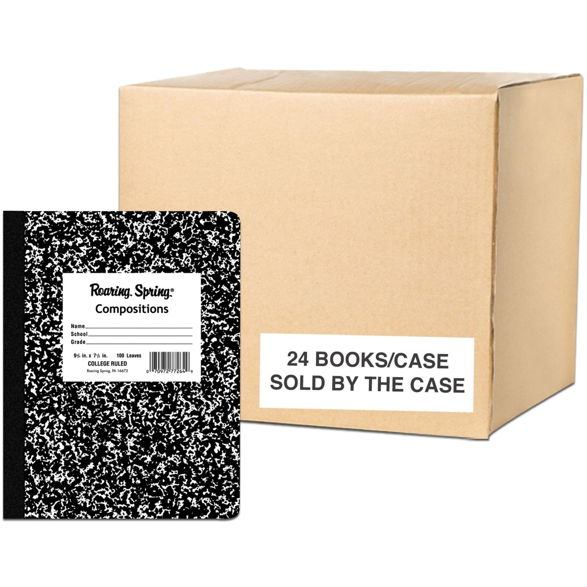 Roaring Spring College Ruled Hard Cover Composition Book, 1 Case (24 Total), 9.75" x 7.5" 100 Sheets, Black Marble Cover