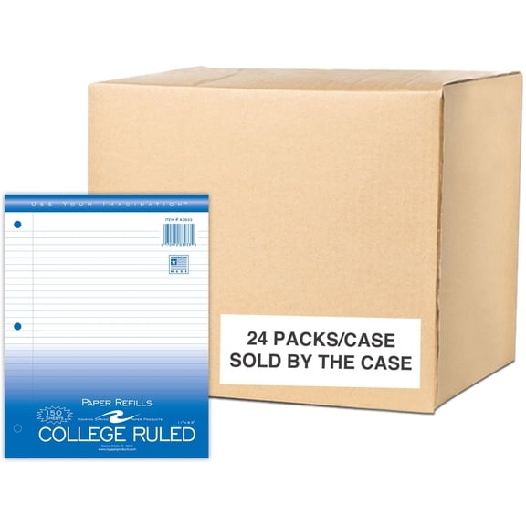 Roaring Spring College Ruled Loose Leaf Filler Paper, 3 Hole Punched, 1 Case (24 Packs), 11" x 8.5" 150 Sheets, White Paper