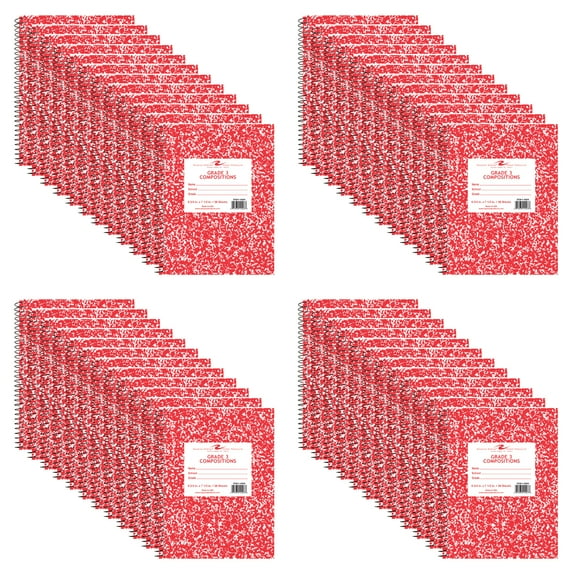 Roaring Spring Composition Notebook, Wirebound Spiral, Grade 3 Ruled, 36 Sheets White Paper, 9.75"x7.75", Red Marble Hard Cover, 24 Notebooks