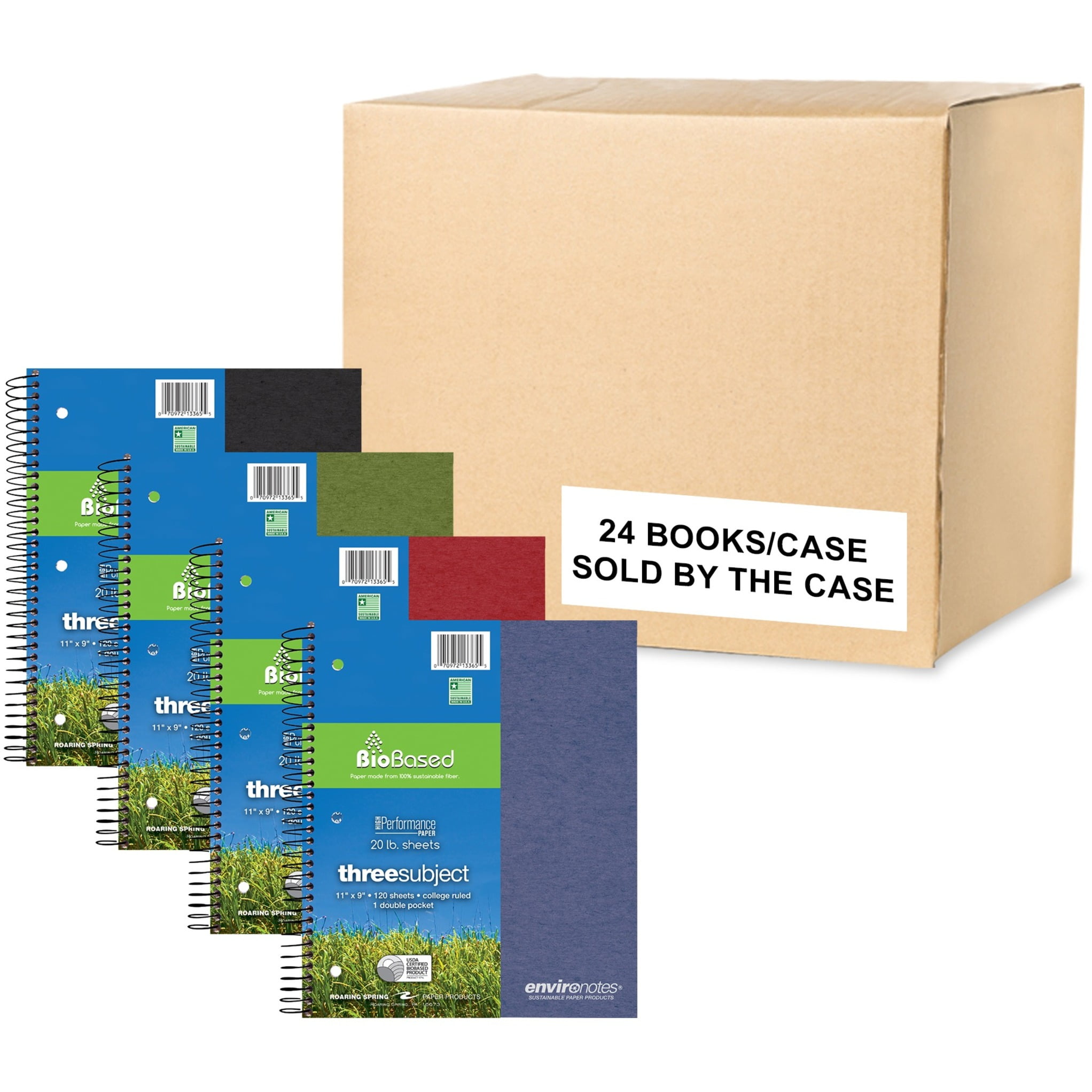 Roaring Spring Environotes College Ruled 3 Subject Recycled Spiral Notebook, 1 Case (24 Total), 11" x 9" 120 Sheets, Assorted Earthtone Covers