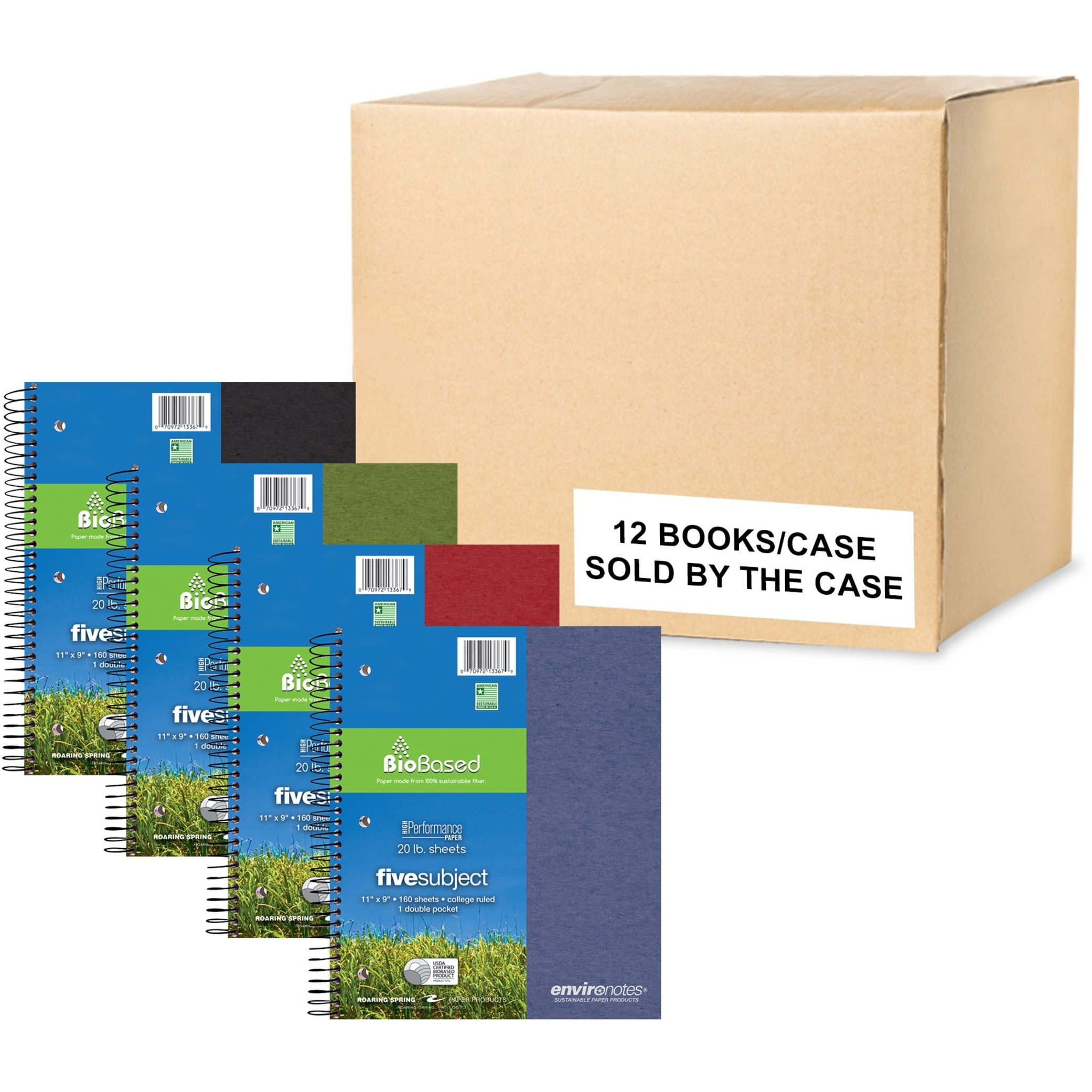 Roaring Spring Environotes College Ruled 5 Subject Recycled Spiral Notebook, 1 Case (12 Total), 11" x 9" 160 Sheets, Assorted Earthtone Covers