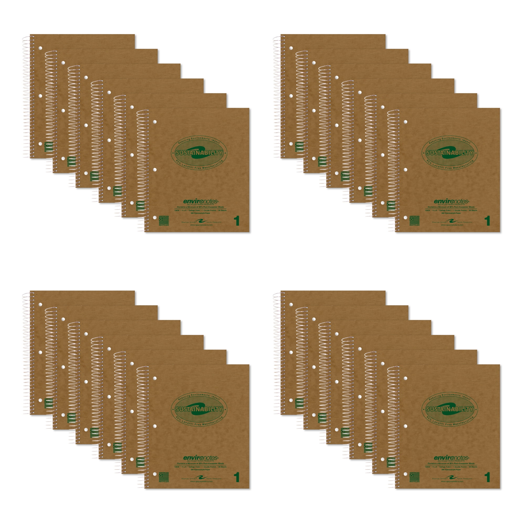Roaring Spring Environotes Recycled Spiral One Subject Notebooks, 11" x 9", 80 Sheets, College Ruled, 24 Notebooks