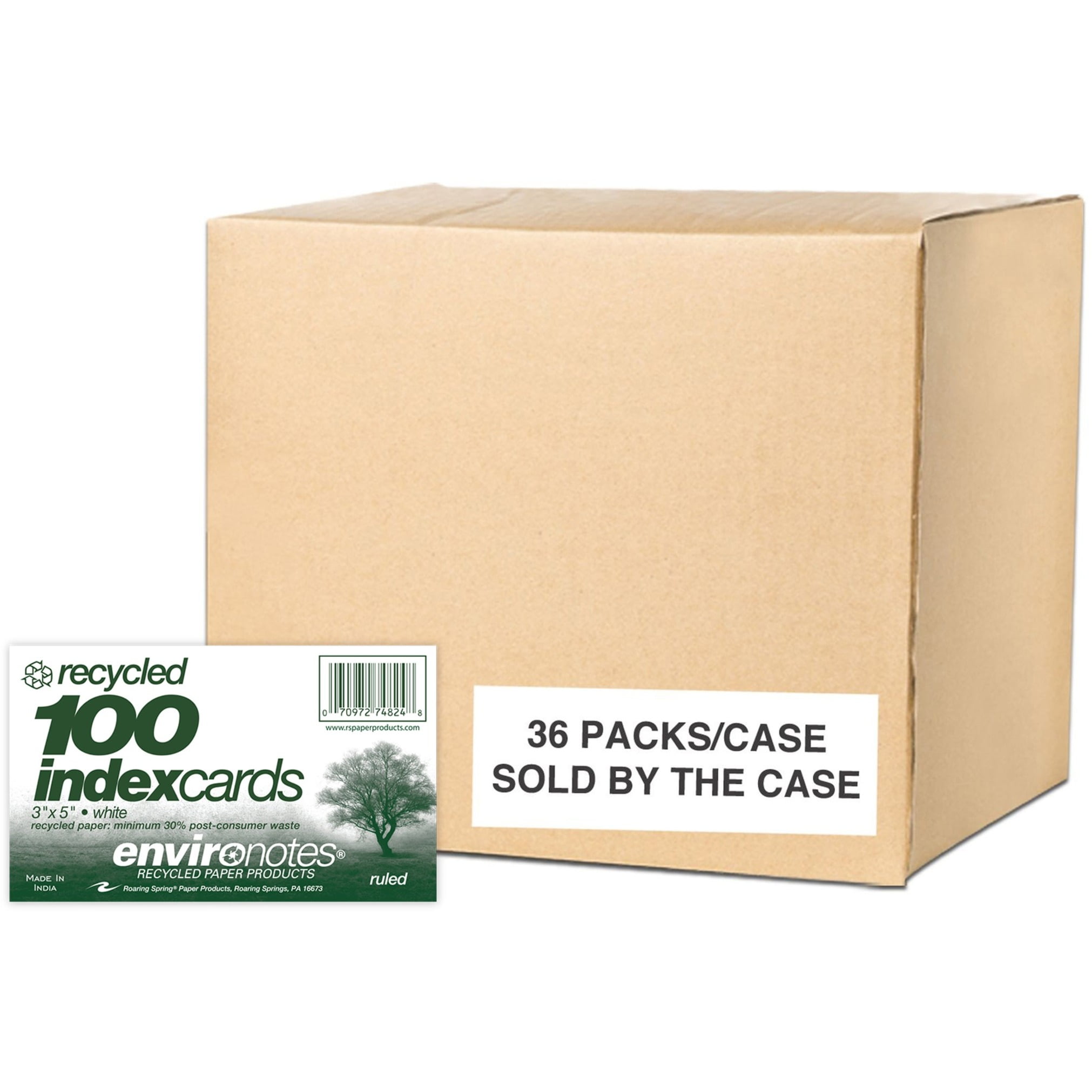 Roaring Spring Environotes Ruled Index Cards (100 Count), 1 Case (36 Packs), 3" x 5" , White