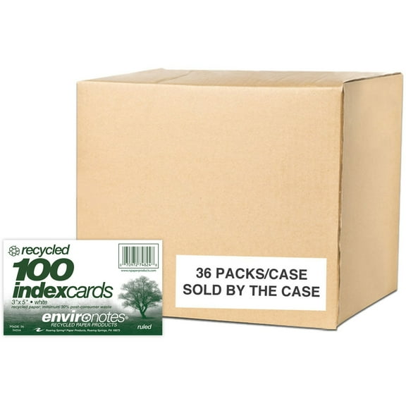 Roaring Spring Environotes Ruled Index Cards (100 Count), 1 Case (36 Packs), 3" x 5" , White