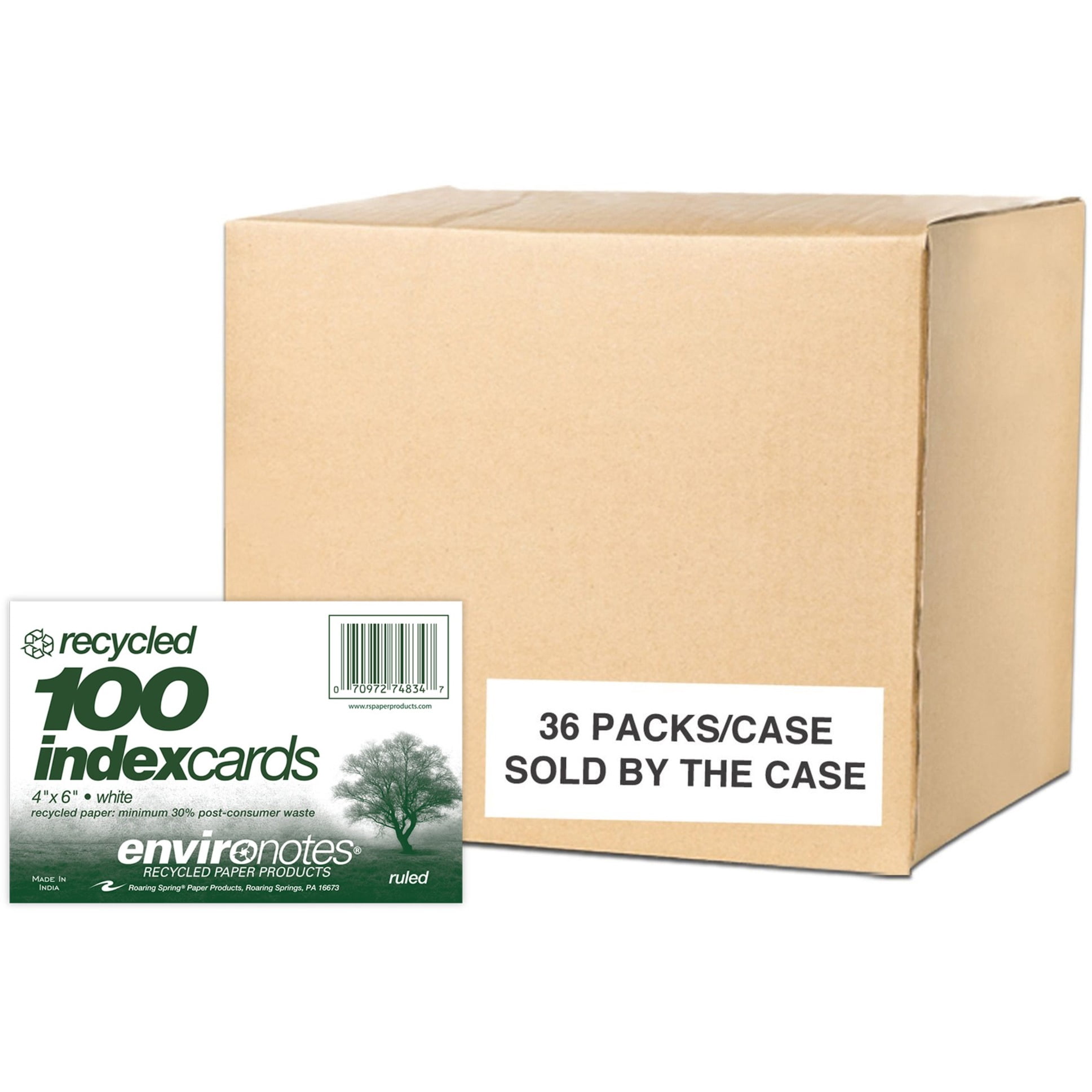 Roaring Spring Environotes Ruled Index Cards (100 Count), 1 Case (36 Packs), 4" x 6" , White