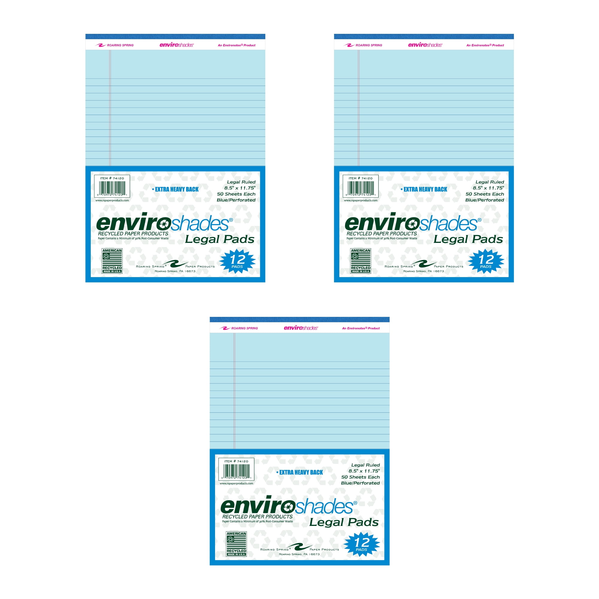 Roaring Spring Enviroshades Recycled Blue Legal Pads, Case of 36, 50 Sheets, 8.5" x 11" 50 sheets of Legal Ruled 15# Recycled Blue Paper Per Pad, Proudly made in USA!, Micro-Perforated