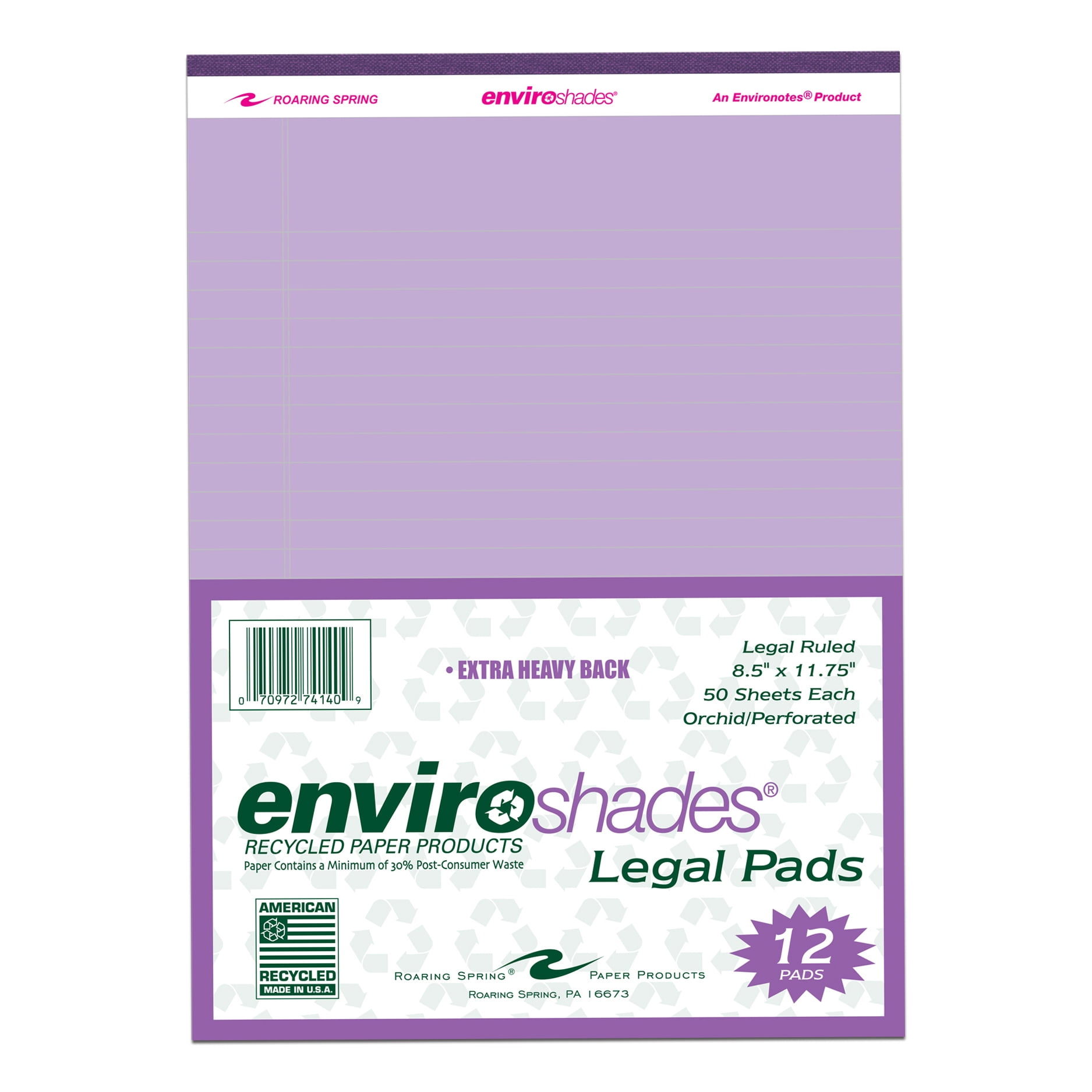 ROARING SPRING PAPER PRODUCTS Roaring Spring Enviroshades Recycled Orchid/Purple Legal Pads, 12 Pack, 50 Sheets, 8.5" x 11" 50 Sheets, Proudly A!