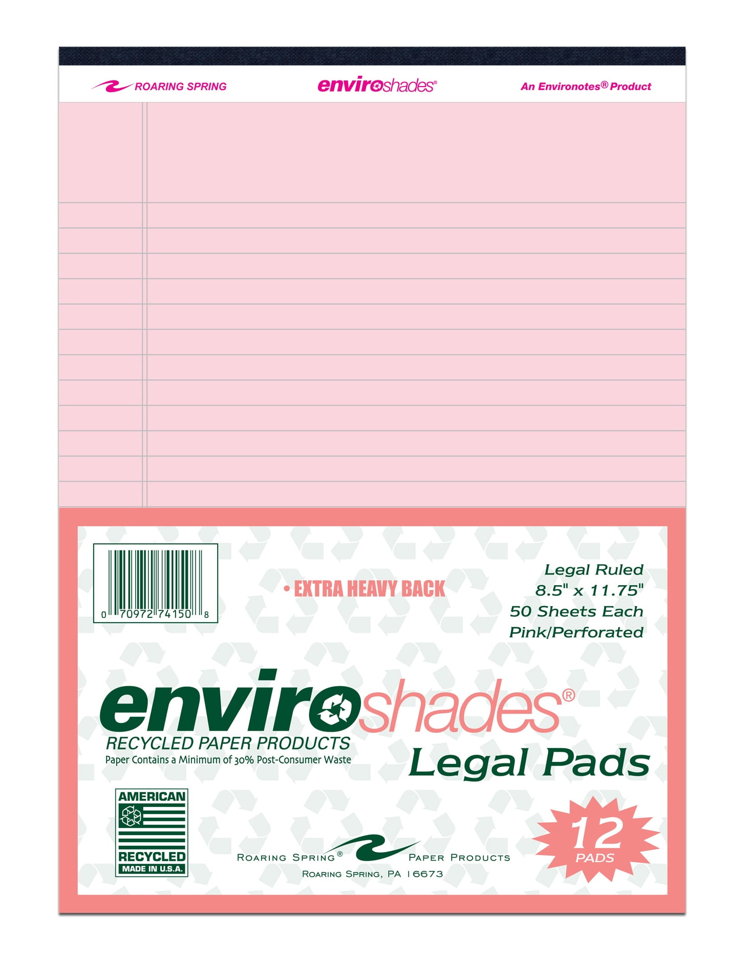 Roaring Spring Enviroshades Recycled Pink Legal Pads, 12 Pack, 50