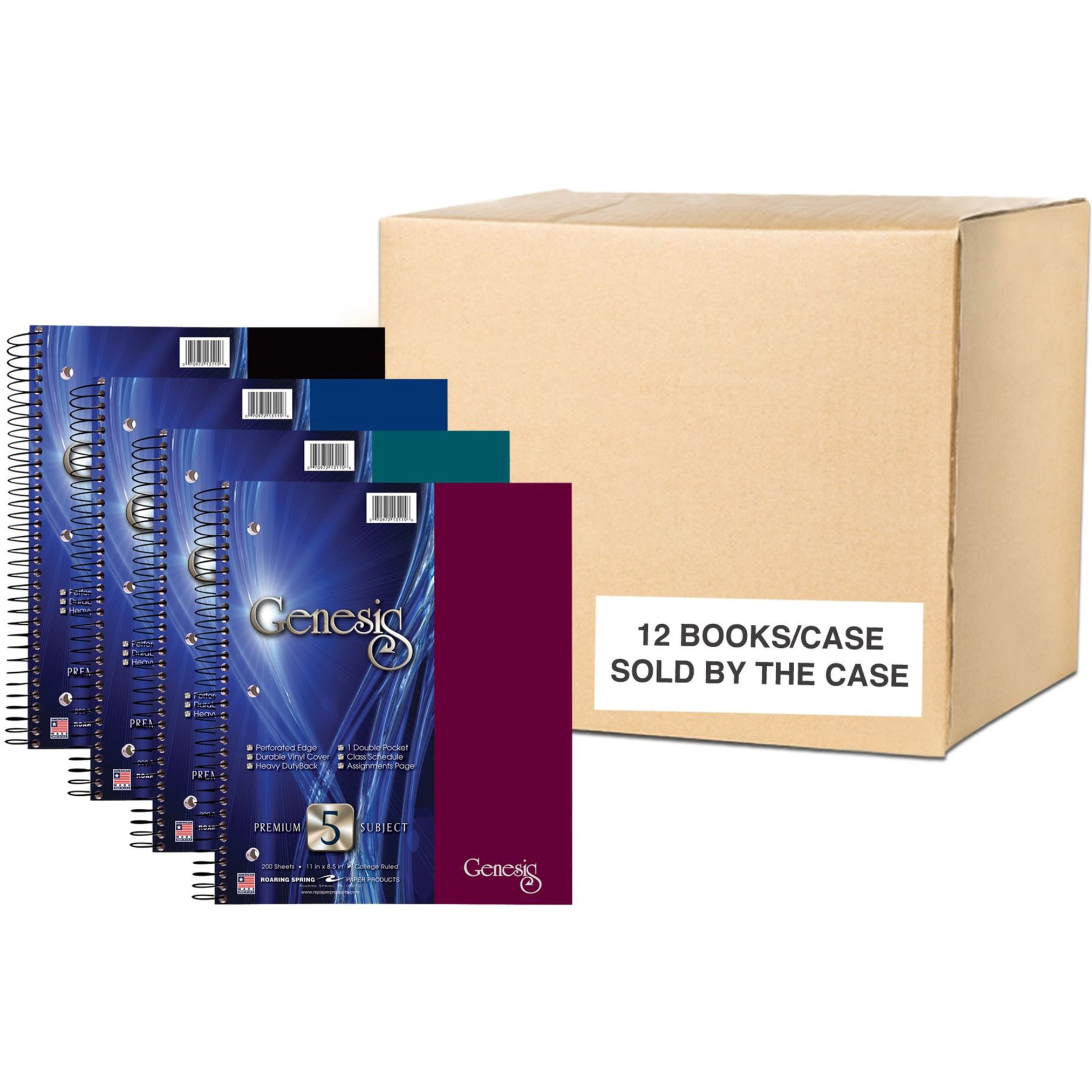 Roaring Spring Genesis College Ruled 5 Subject Spiral Notebook with Double Pocket, 1 Case (12 Total), 11" x 9" 200 Sheets, Assorted Colors