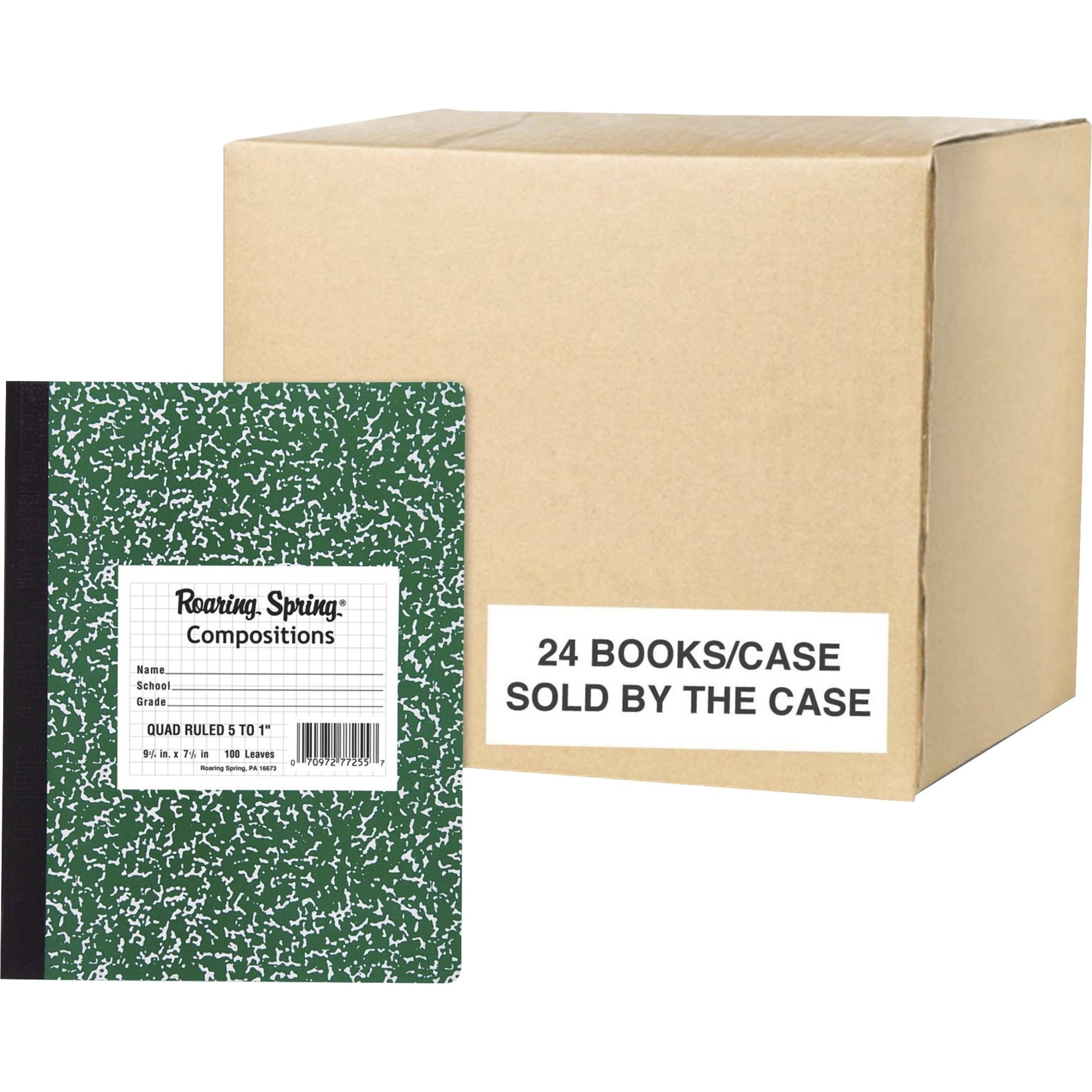 Roaring Spring Graph Ruled Hard Cover Composition Book, 1 Case (24 Total), 9.75" x 7.5" 100 Sheets, Green Marble Cover