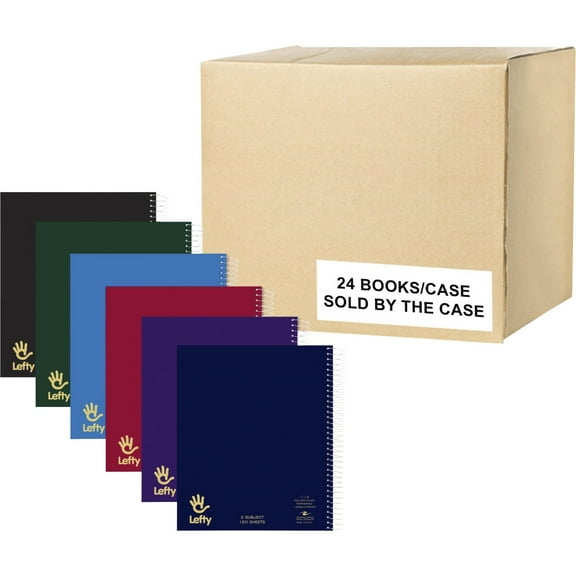 Roaring Spring Lefty 3 Subject College Ruled Left Handed Spiral Notebook, 1 Case (24 Total), 11" x 9" 120 Sheets, Assorted Saranac Covers