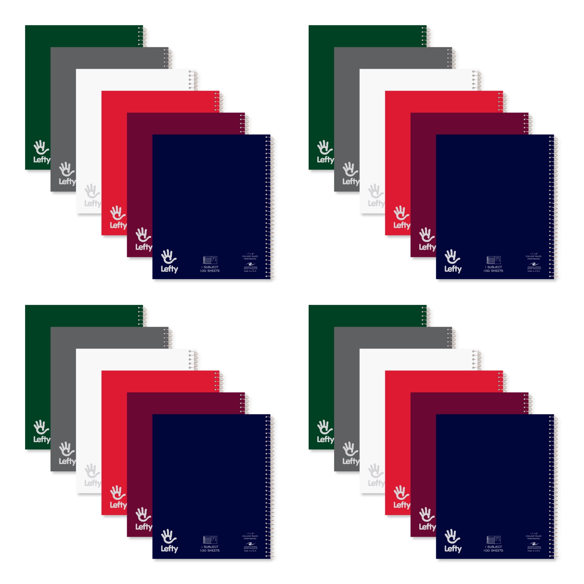 Roaring Spring Lefty Spiral Left Handed Notebooks, 1 Subject, 11"x9", 100 White Perforated Sheets, College Ruled Paper, Assorted Colors, 24 Notebooks