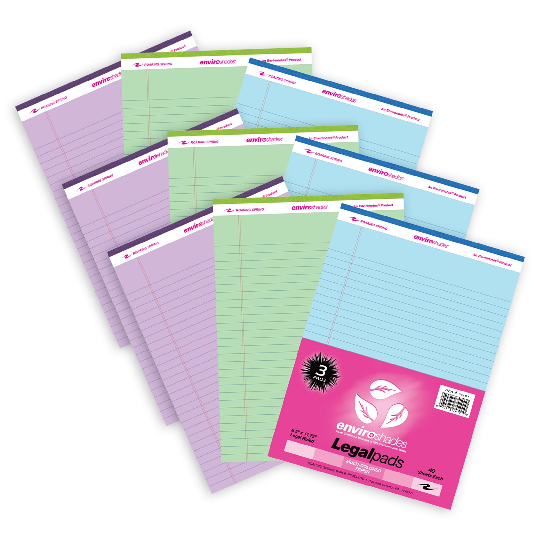 Roaring Spring Paper Products Enviroshades Legal Pad, Standard, Assorted Colors, 3 Per Pack, 3 Packs