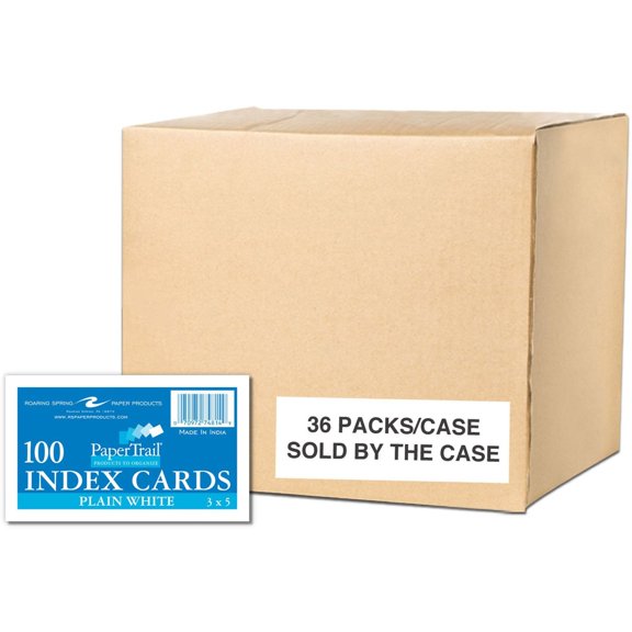 Roaring Spring PaperTrail Unruled Index Cards (100 Count), 1 Case (36 Packs), 3" x 5" , White