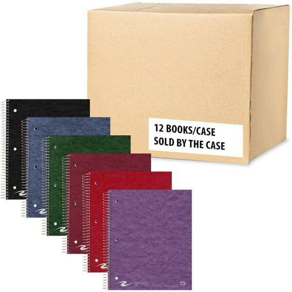 Roaring Spring Premium College Ruled Five Subject Spiral Notebook, 5 Double Pockets, 1 Case (12 Total), 11" x 9" 200 Sheets, Assorted Colors