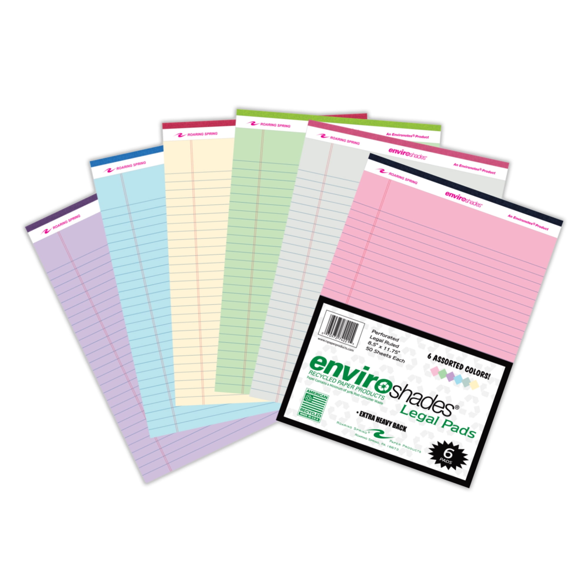 Roaring Spring Recycled Colored Legal Pads, 6 Pack Enviroshades Pads, 8