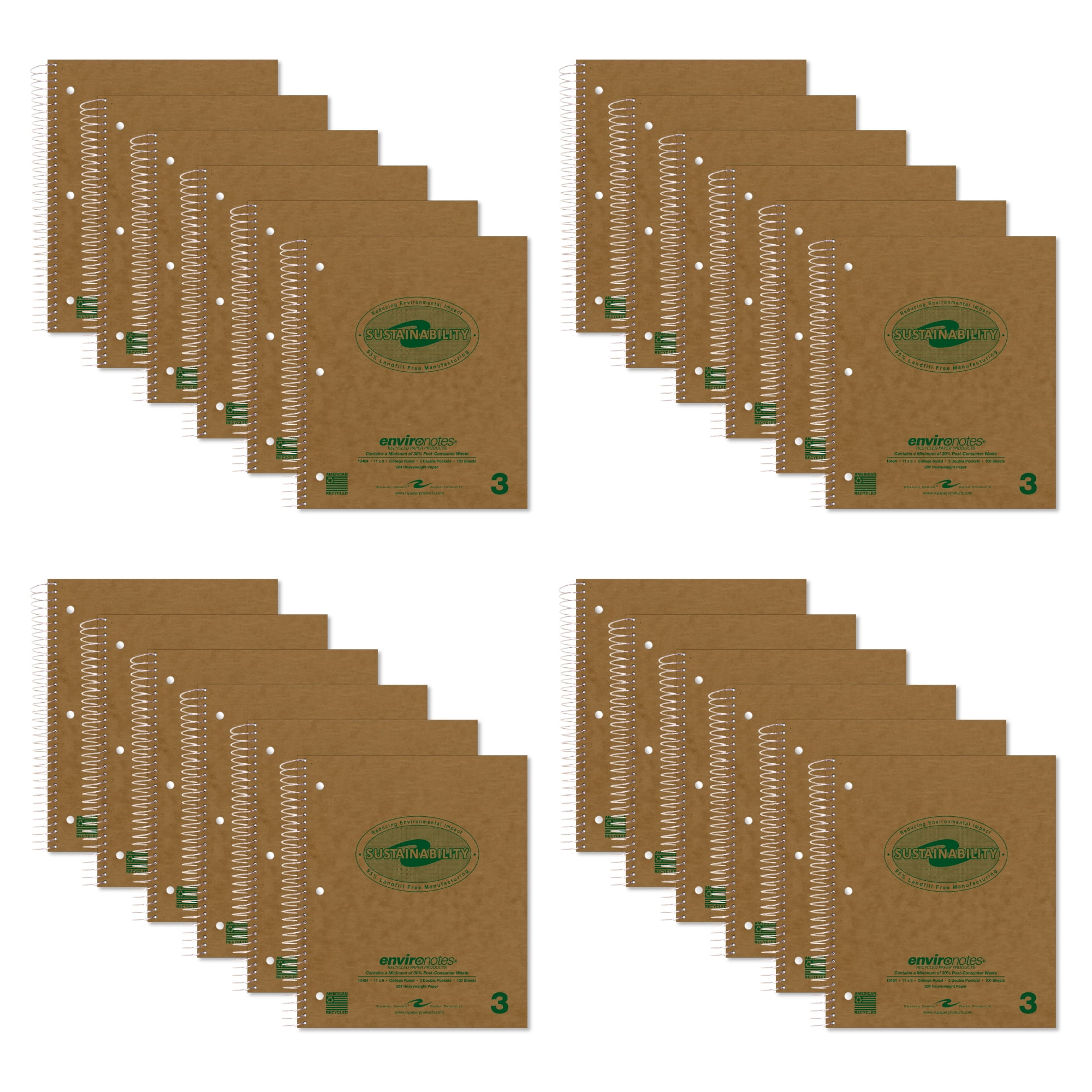 Roaring Spring Recycled Spiral Three Subject Notebooks, 11"x9", 100 Sheets, College Ruled, 24 Notebooks