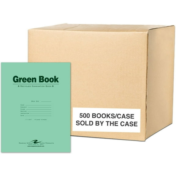 Roaring Spring Recycled Test Green Exam Book, 1 Case (500 Total), Wide Ruled with Margin, 11" x 8.5" 8 Sheets/16 Pages, Green Cover