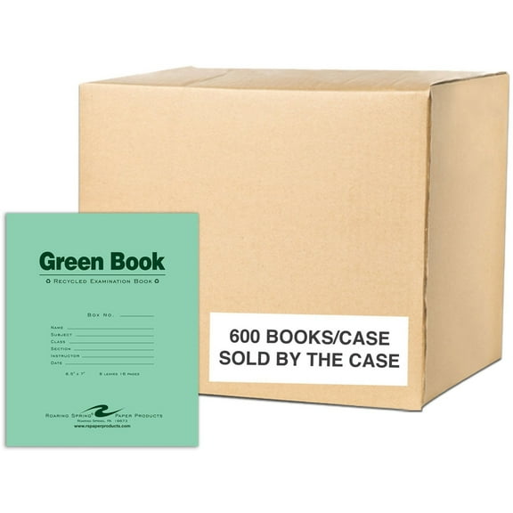 Roaring Spring Recycled Test Green Exam Book, 1 Case (600 Total), Wide Ruled with Margin, 8.5" x 7" 8 Sheets/16 Pages, Green Cover