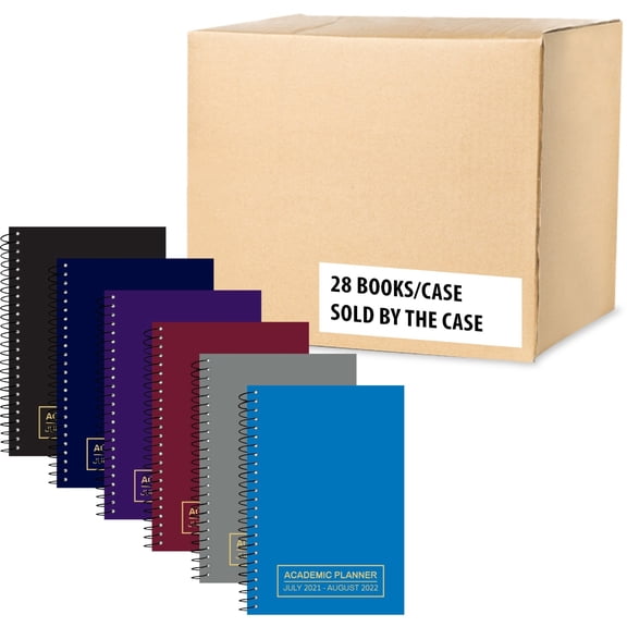 Roaring Spring Spiral Dated 14 Month Academic-Year Planner, Recycled Paper, 1 Case (28 Total), 8" x 5.5" Weekly View, Assorted Saranac Colors