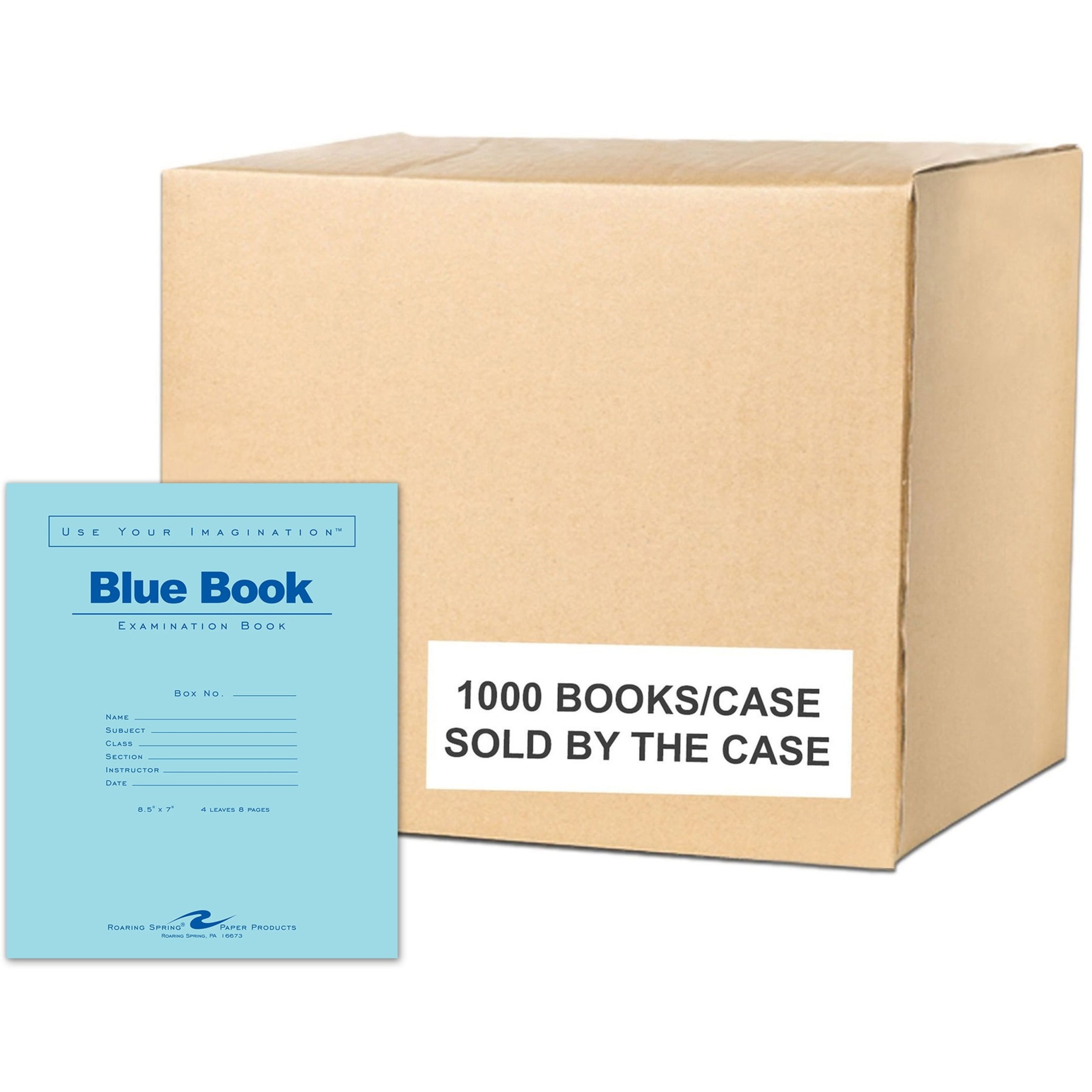 Roaring Spring Test Blue Exam Book, 1 Case (1000 Total), Wide Ruled with Margin, 8.5" x 7" 4 Sheets/8 Pages, Blue Cover