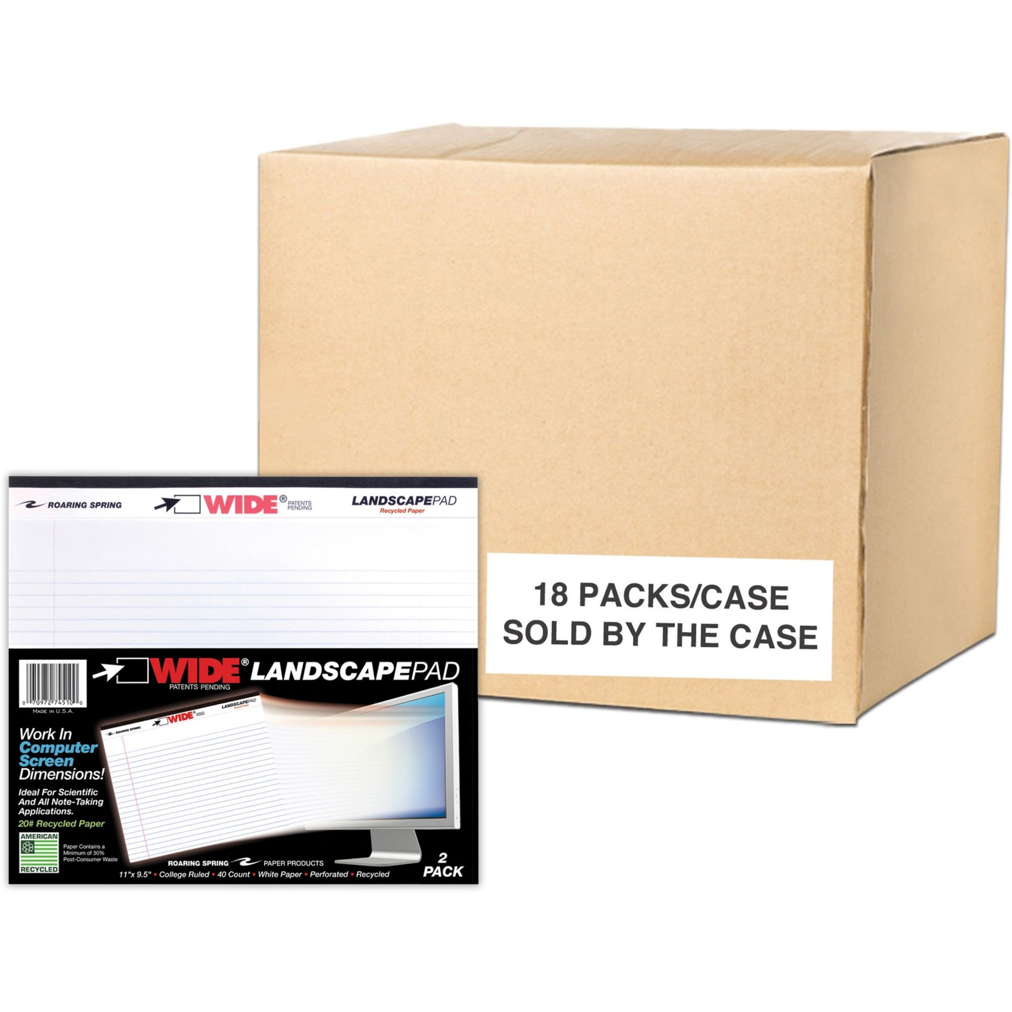Roaring Spring Wide College Ruled Landscape Legal Pad, 1 Case (18 Total Two Packs), 11" x 9.5" 40 Sheets, White