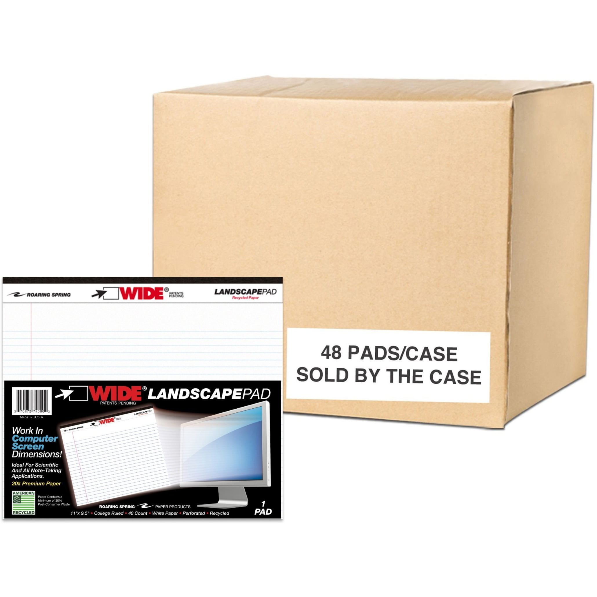 Roaring Spring Wide College Ruled Landscape Legal Pad, 1 Case (48 Total), 11" x 9.5" 40 Sheets, White
