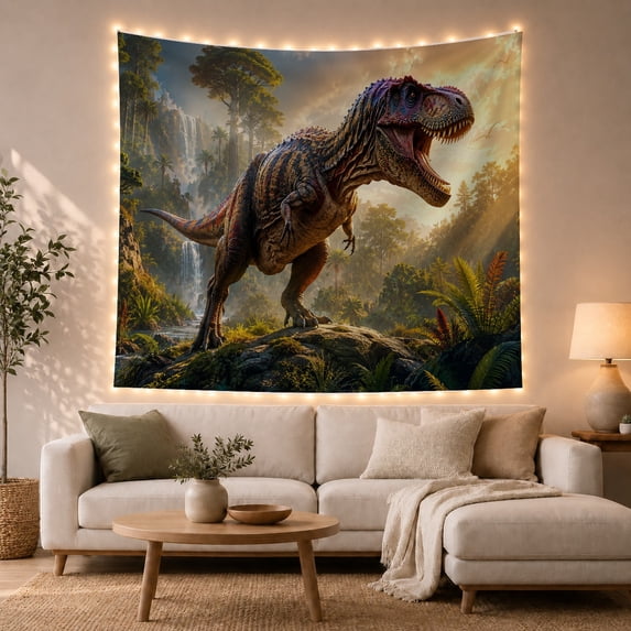 Roaring T Rex on Mossy Rock in Jungle, Dramatic Illustration for Dinosaur Lovers, Prehistoric Wall Art, Birthday Gift, Tapestry Wall Hanging for Bedroom and Playroom