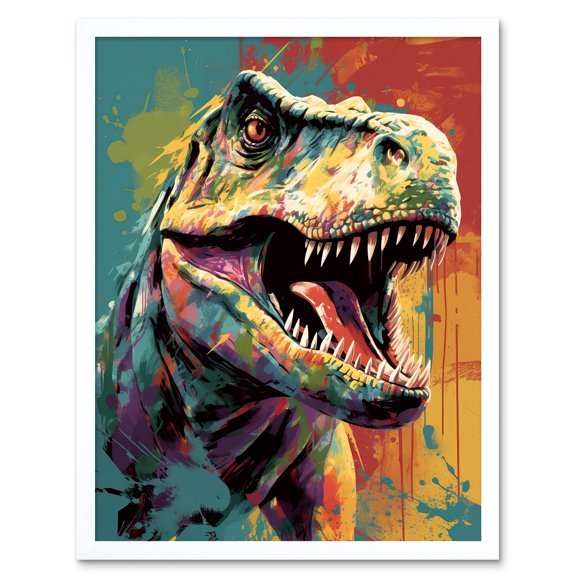Roaring T-Rex Multicoloured Dinosaur Portrait Art Print Framed Poster Wall Decor 12x16 inch