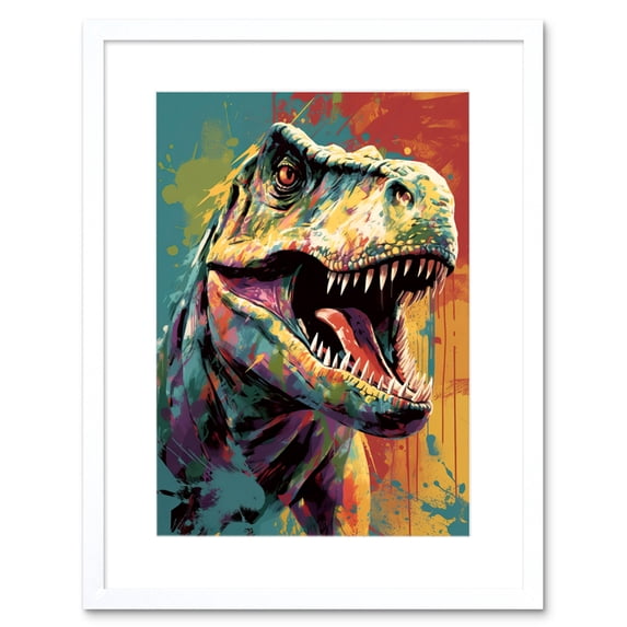 Roaring T-Rex Multicoloured Dinosaur Portrait Artwork Framed Wall Art Print 9X7 Inch