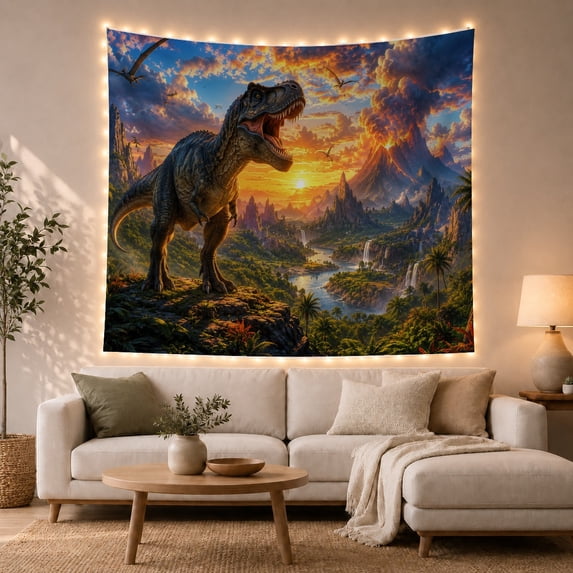 Roaring T-Rex Against Volcanic Sunset Scene, Dramatic Illustration for Kids, Jurassic Wall Art Decor, Housewarming Gift, Tapestry Wall Hanging for Bedroom and Living Room