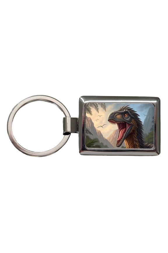 Roaring Therizinosaurus Dinosaur Jungle Metal Rectangle Keychain