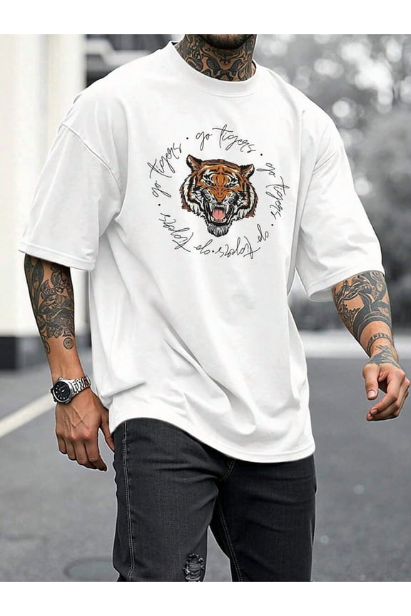 Roaring Tiger Graphic Men's Tee, DoubleSided Print, Casual Short Sleeve TShirt For Streetwear Style, Fashionable And Comfortable Cotton Blend Top Everyday Wear Essential