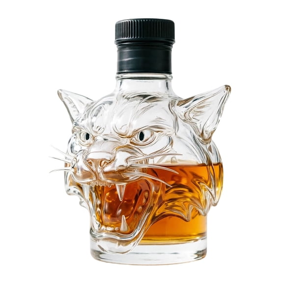 Roaring Tiger Head Glass Liquor Decanter, Clear Animal Spirit Bottle with Sealed Screw Cap, Decorative Barware Collectible for Home Bar Display & Men’s Gifting