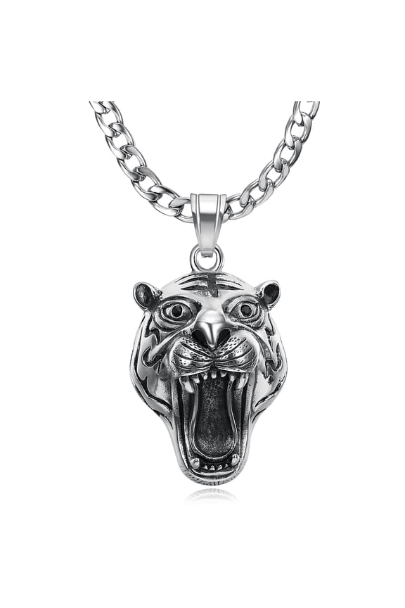 Roaring Tiger Head Pendant Punk Rock Stainless Steel Necklace for Men Women, 24 Inch 7mm Cuban Link Chain Hip Hop Animal Jewelry