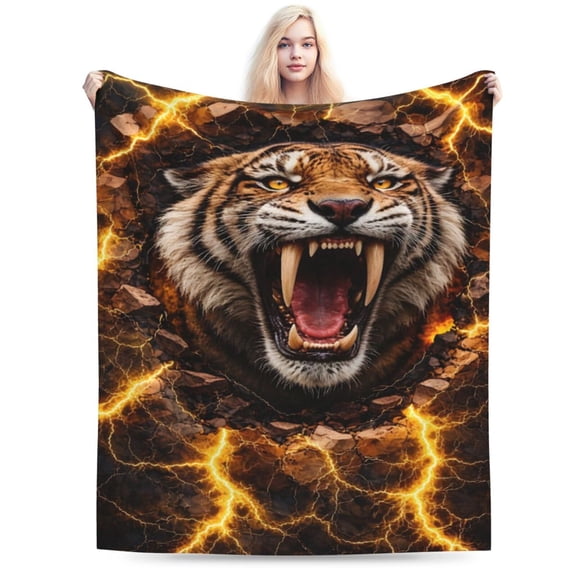 Roaring Tiger Lightning Throw Blanket, Fierce Wild Animal Art Soft Cozy Blanket for Sofa Couch Bed, Dramatic Power Style Home Decor 50x40