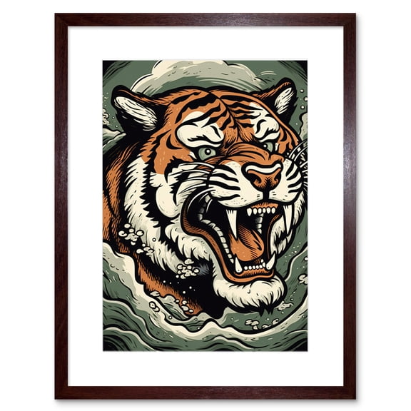 Roaring Tiger Sea Waves Tattoo Ink Body Art Rockabilly Americana 50s Artwork Framed Wall Art Print 9X7 Inch