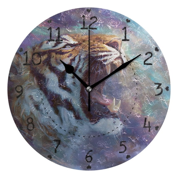Roaring Tigers Nebula Round Wall Clock Silent Analog Battery Operated Black Pointer Home Decor 9.84" Diameter