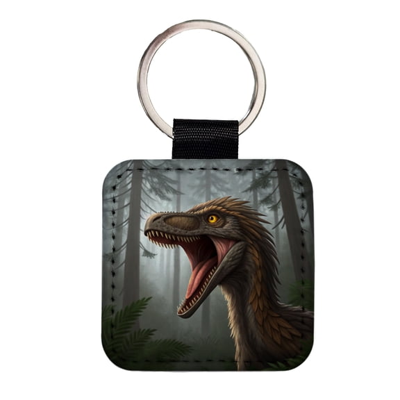 Roaring Troodon Dinosaur Forest Faux Leather Square Keychain