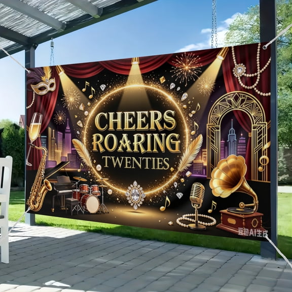 Roaring Twenties Banner Roaring 20s Party Decorations Banner Black and Gold Gatsby Theme Birthday Backdrop 1920s Speakeasy Birthday Wedding Music Party Supplies