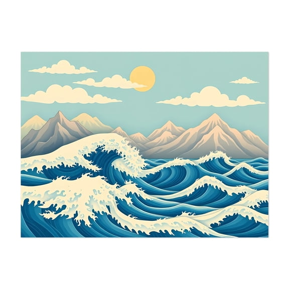 Roaring Waves and Distant Peaks - Illustration Waves Ocean Seascape Nature Landscape Surf Unframed Wall Art Print 5 x 7 inches