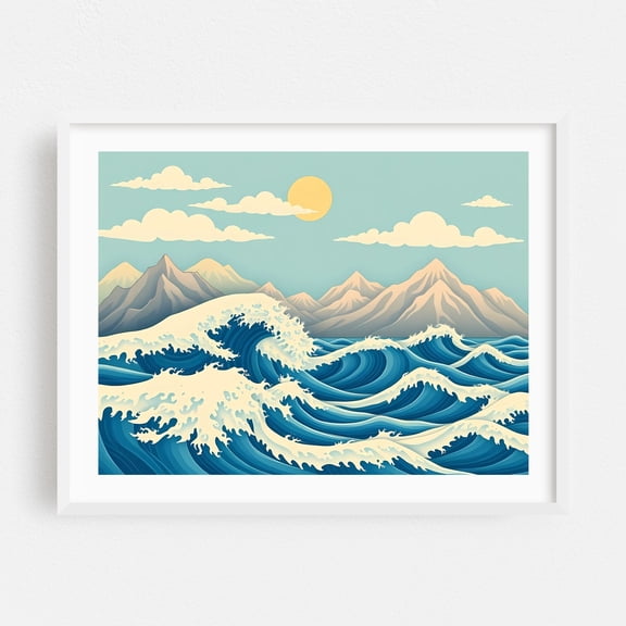 Roaring Waves and Distant Peaks - Illustration Waves Ocean Seascape Nature Landscape Surf White Framed Wall Art Print 9 x 12 inches