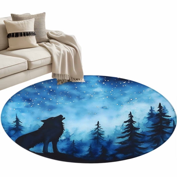 Roaring Wolf Area Rug, Stars Night Forest Washable Large Circle Carpet, Non Slip Round Rug for Living Room/Bedroom/Dining Room/Home Office/Dorm