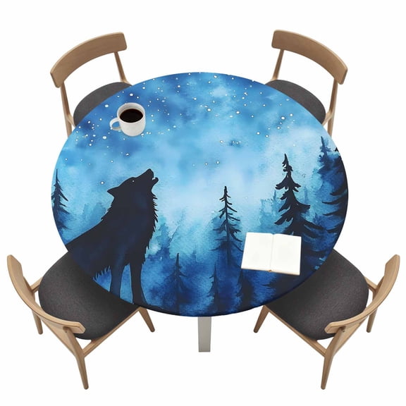 Roaring Wolf Round Fitted Tablecloth with Elastic Edge Stars Night Forest Table Cover Fit for 36"-44" Tables Waterproof Tablecloths for Dinner Camping Picnic