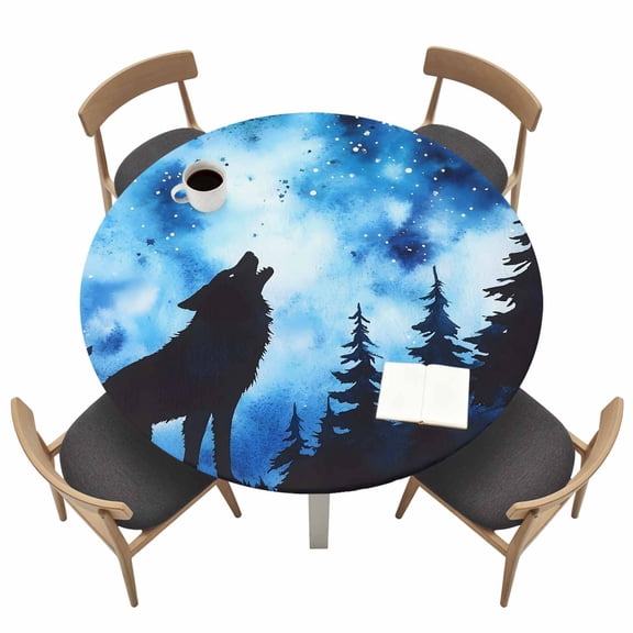 Roaring Wolf Round Fitted Tablecloth with Elastic Edge Stars Night Forest Table Cover Fit for 36"-44" Tables Waterproof Tablecloths for Dinner Camping Picnic